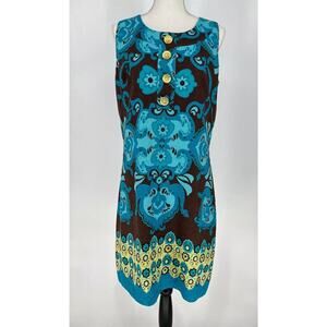 Elizabeth Howard‎ Shift Dress Size 12 Linen Blend Lined Sleeveless Gold Buttons